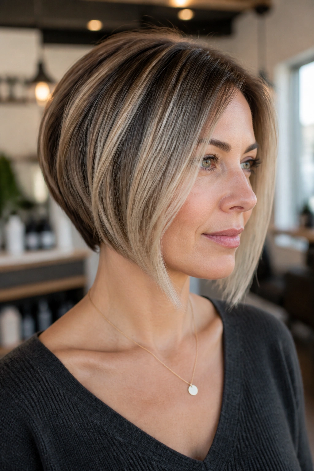 Close-up portrait of a real woman with an inverted bob and soft back stack