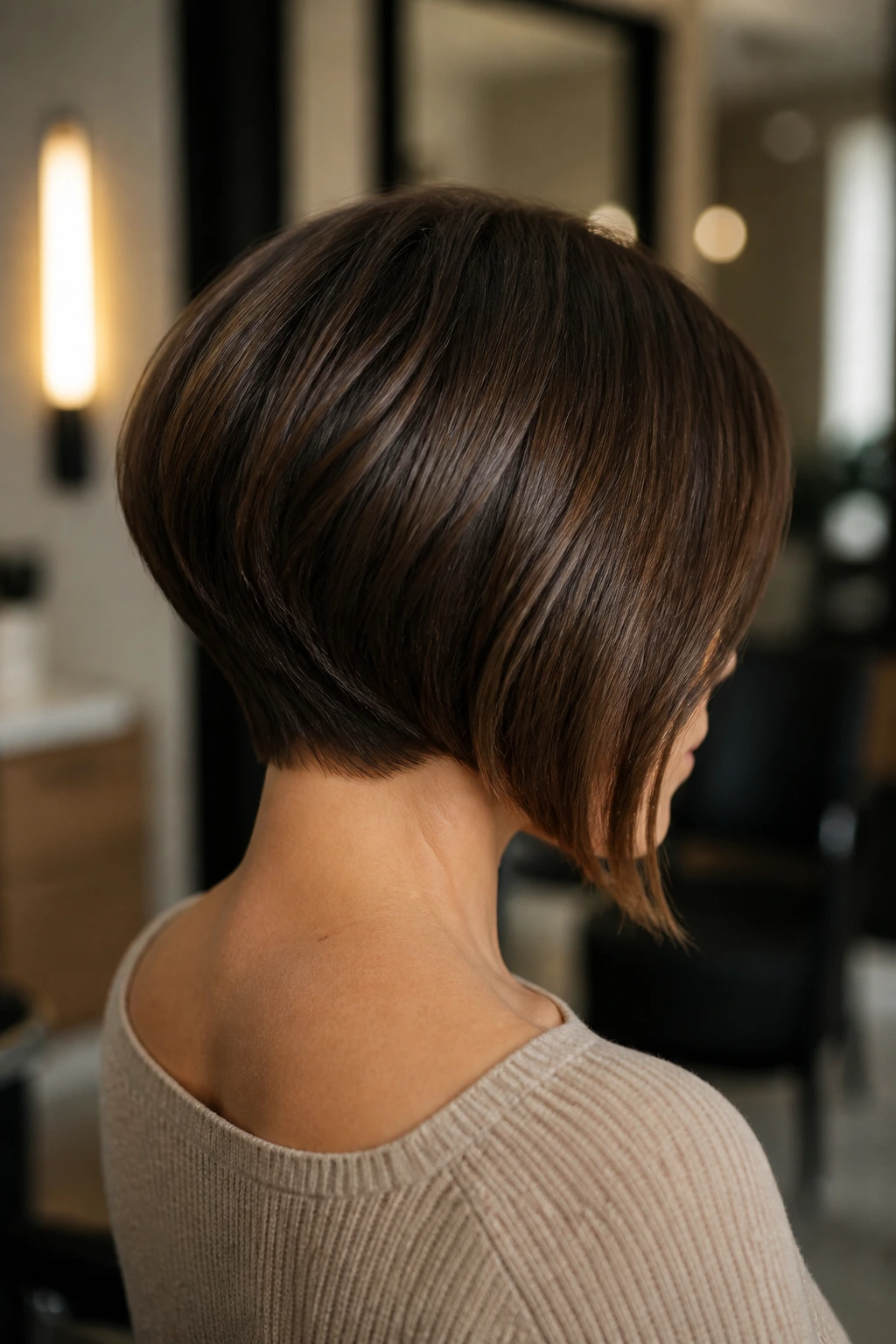 Rear three-quarter view of real woman with inverted bob back sweep