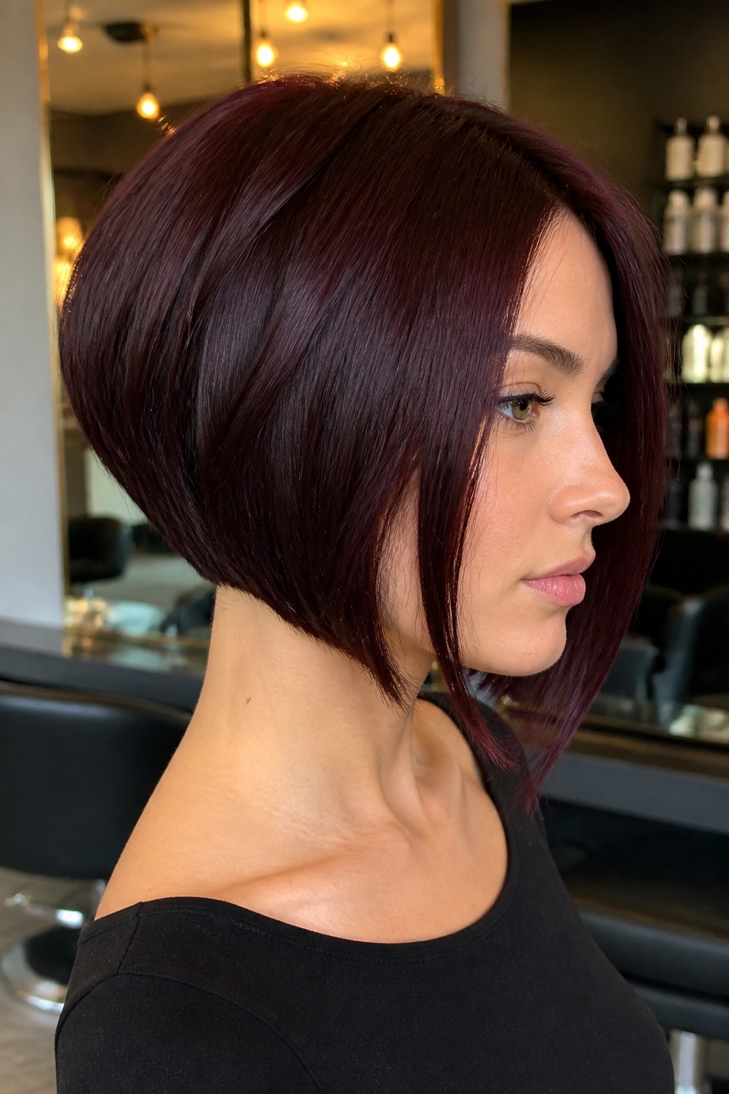 Real woman with inverted bob in cool black cherry, crisp line and face-framing length.