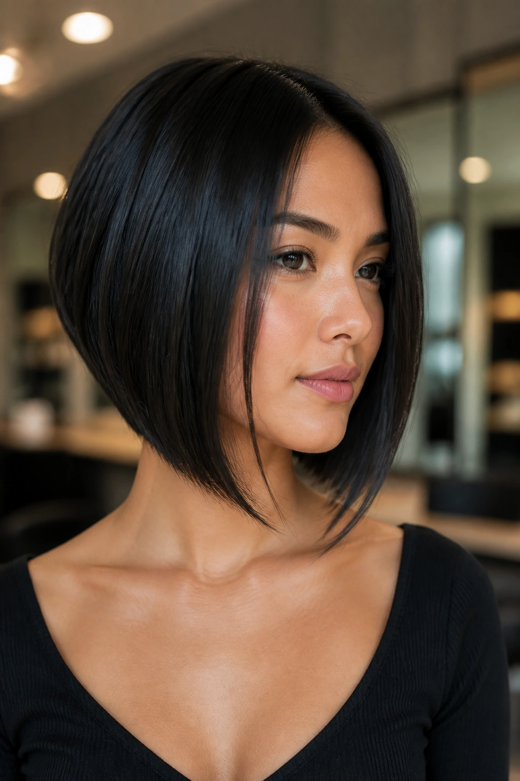 Close-up of real woman with chin-to-collarbone inverted bob in black hair
