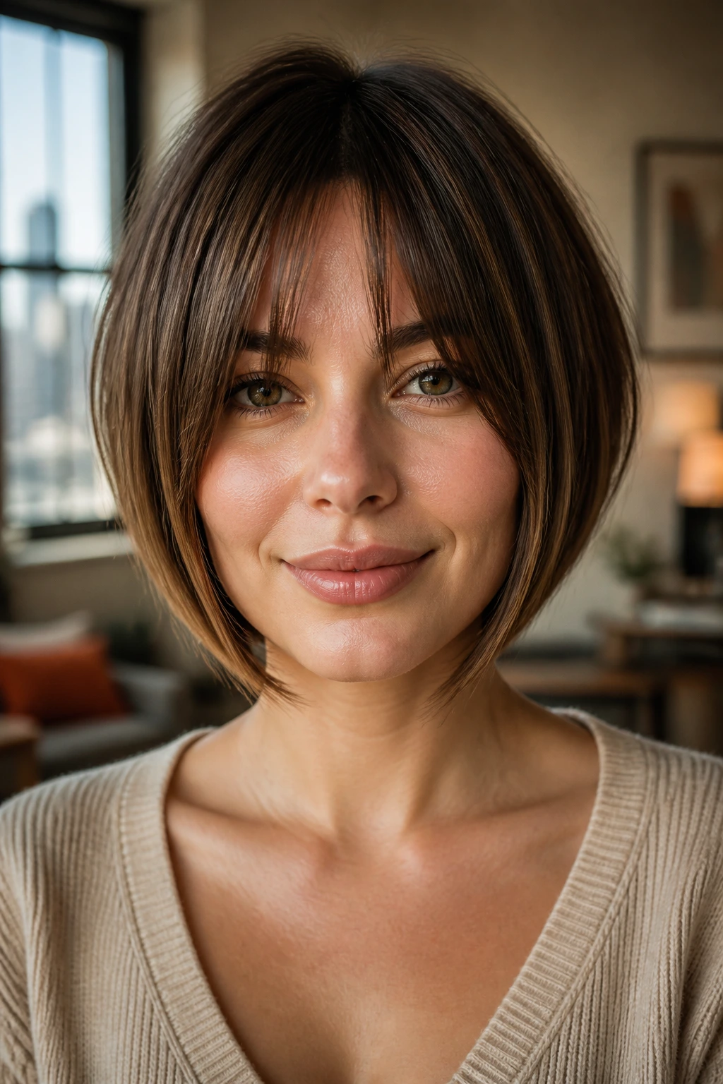Close-up of a real woman with bottleneck bangs and inverted bob.