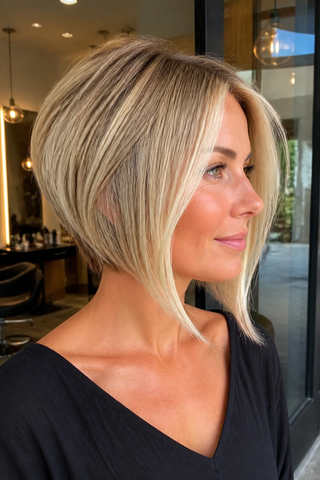 Portrait of a real person with an inverted bob and bright front pieces in champagne blonde.