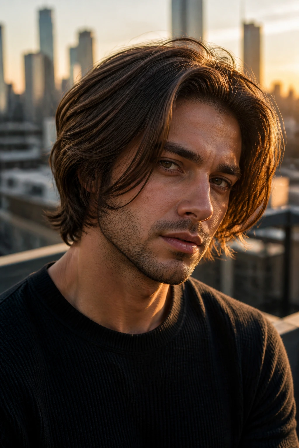 Real-man portrait with bro-flow inverted bob hybrid featuring flowing layers at golden hour rooftop.