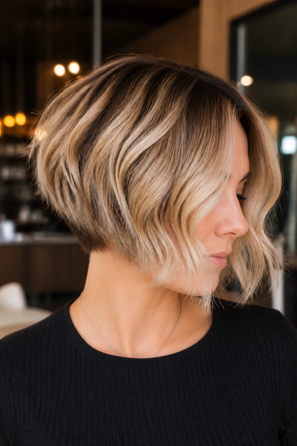 Portrait of a person with inverted bob and caramel root melt