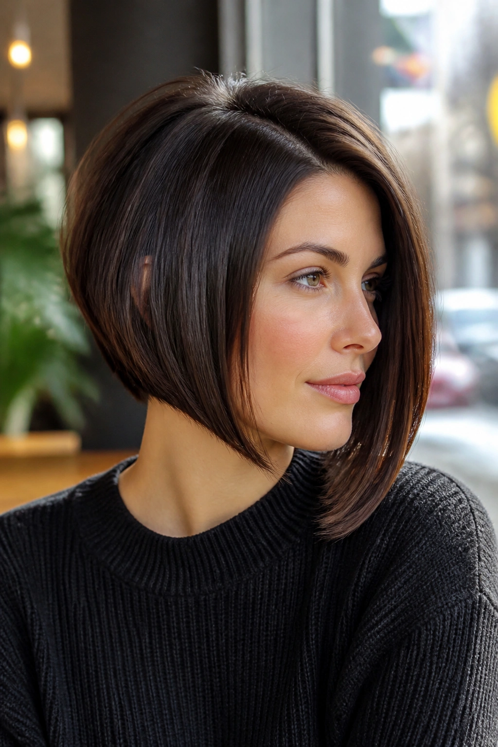 Close-up portrait of a real woman with a short inverted bob