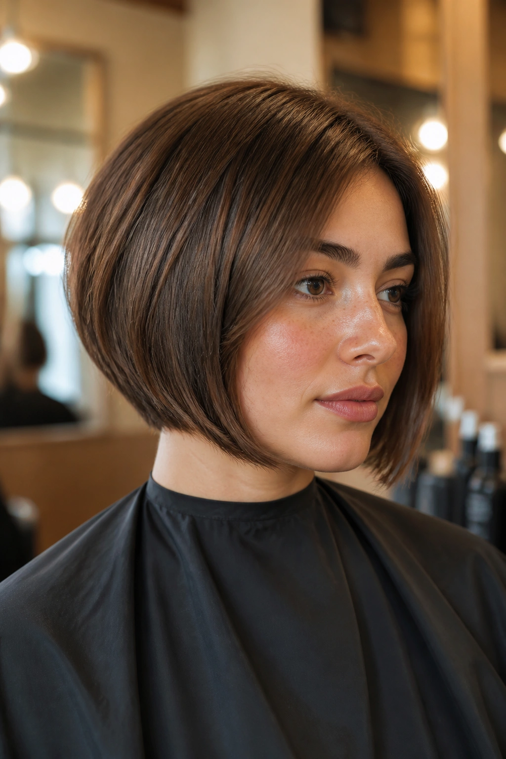 Close-up of a real woman with a chin-skimming inverted bob in a chic salon setting.