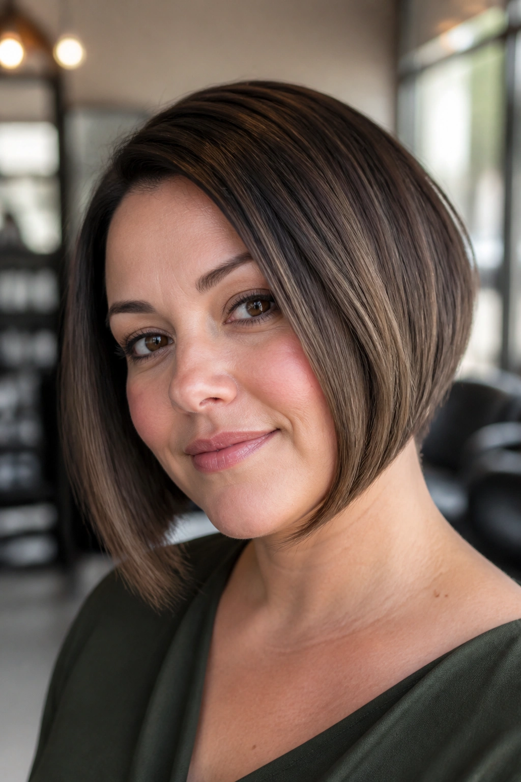 Close-up portrait of a real woman with a chin-length inverted bob, back at the nape and front below the jaw