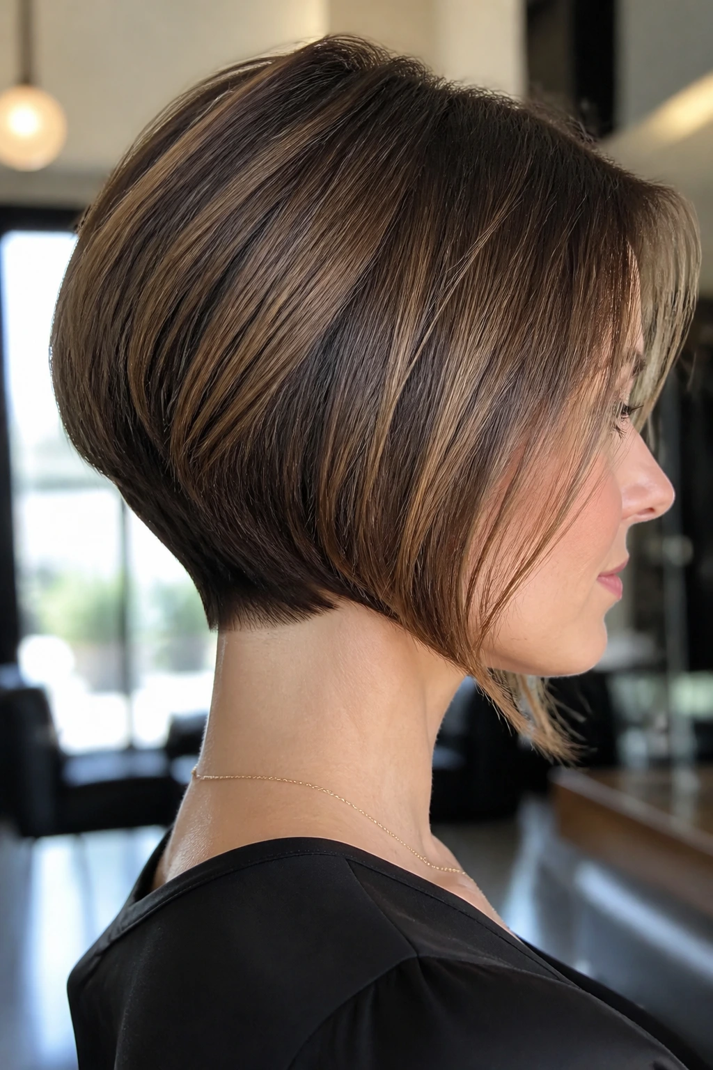 Close-up portrait of a woman with an inverted bob showing back stacking and a clean nape in natural light.