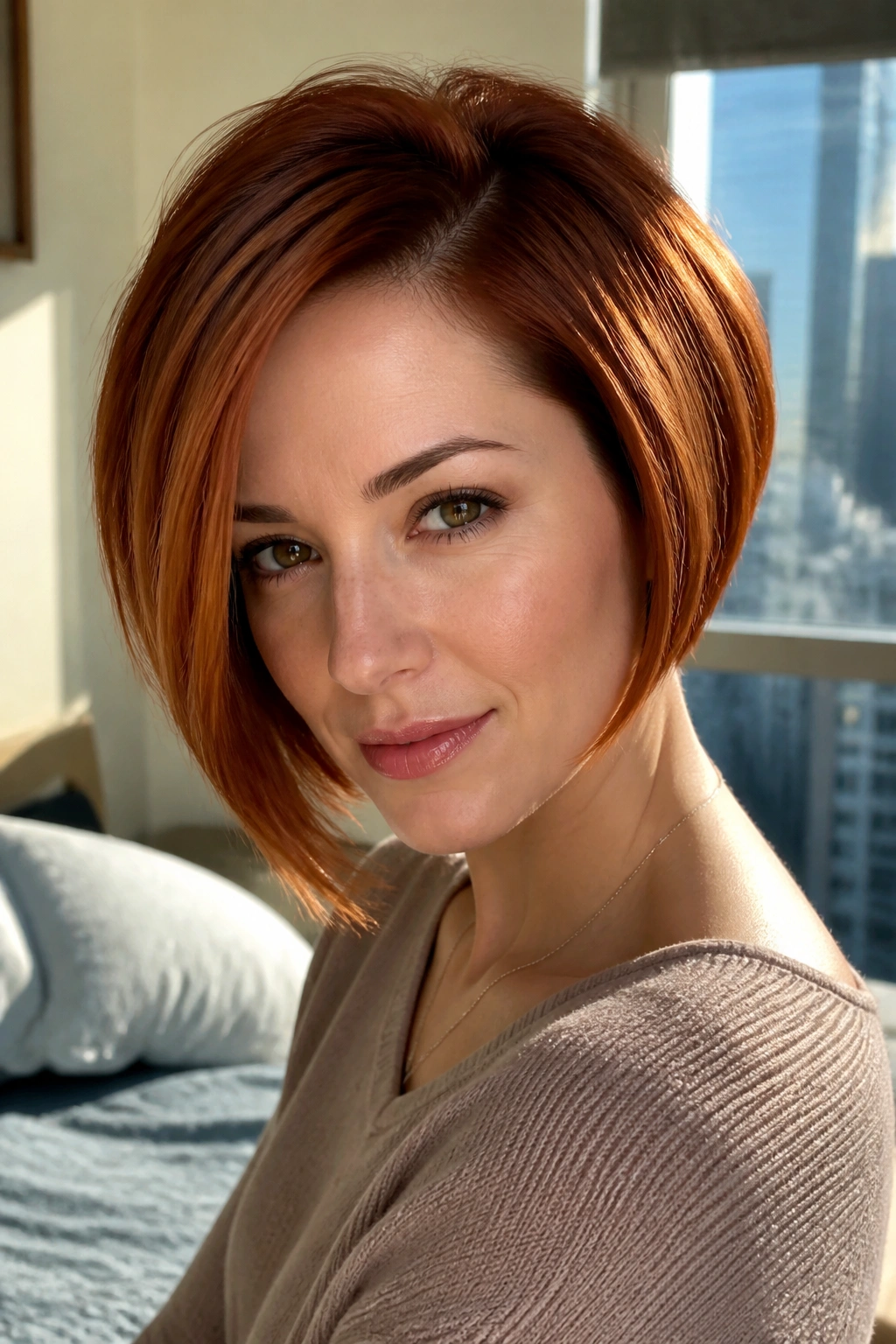 Close-up of a real woman with a deep side-part inverted bob in copper auburn tones, head-and-shoulders.