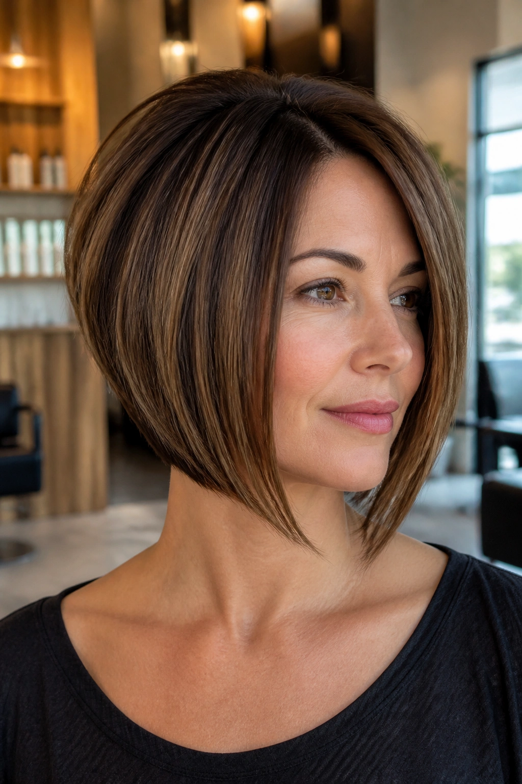 Close-up portrait of a real woman with inverted bob crown lift.