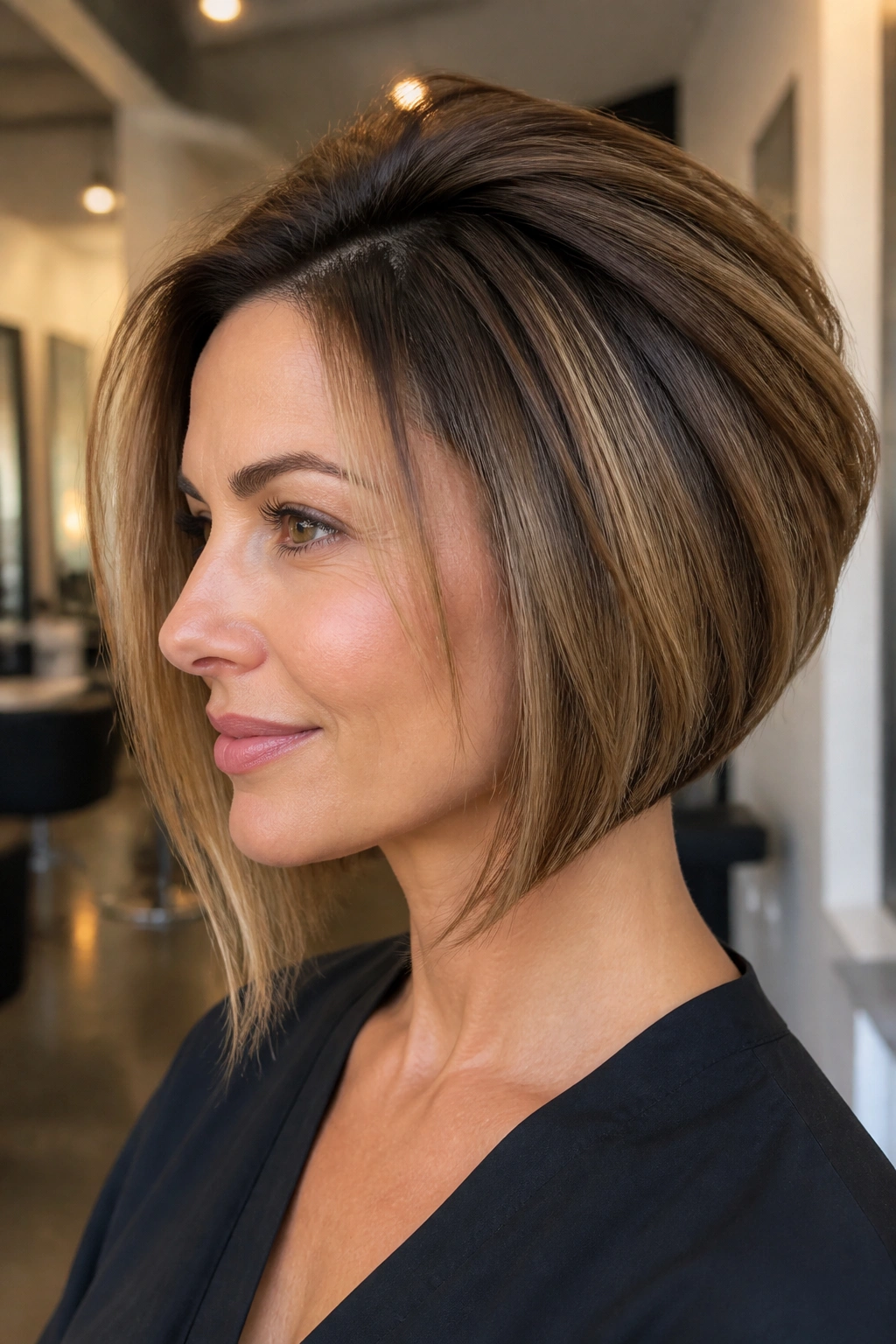 Portrait of a woman with an inverted bob showing crown lift in a salon setting