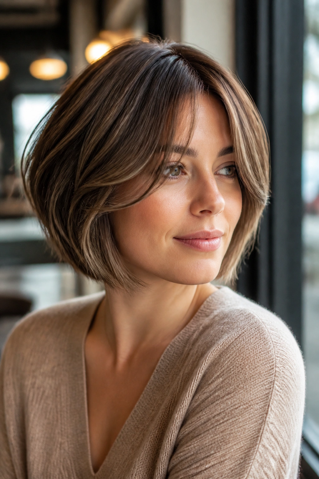 Real person with inverted bob and curtain bangs, cheeks visible, hair framing face