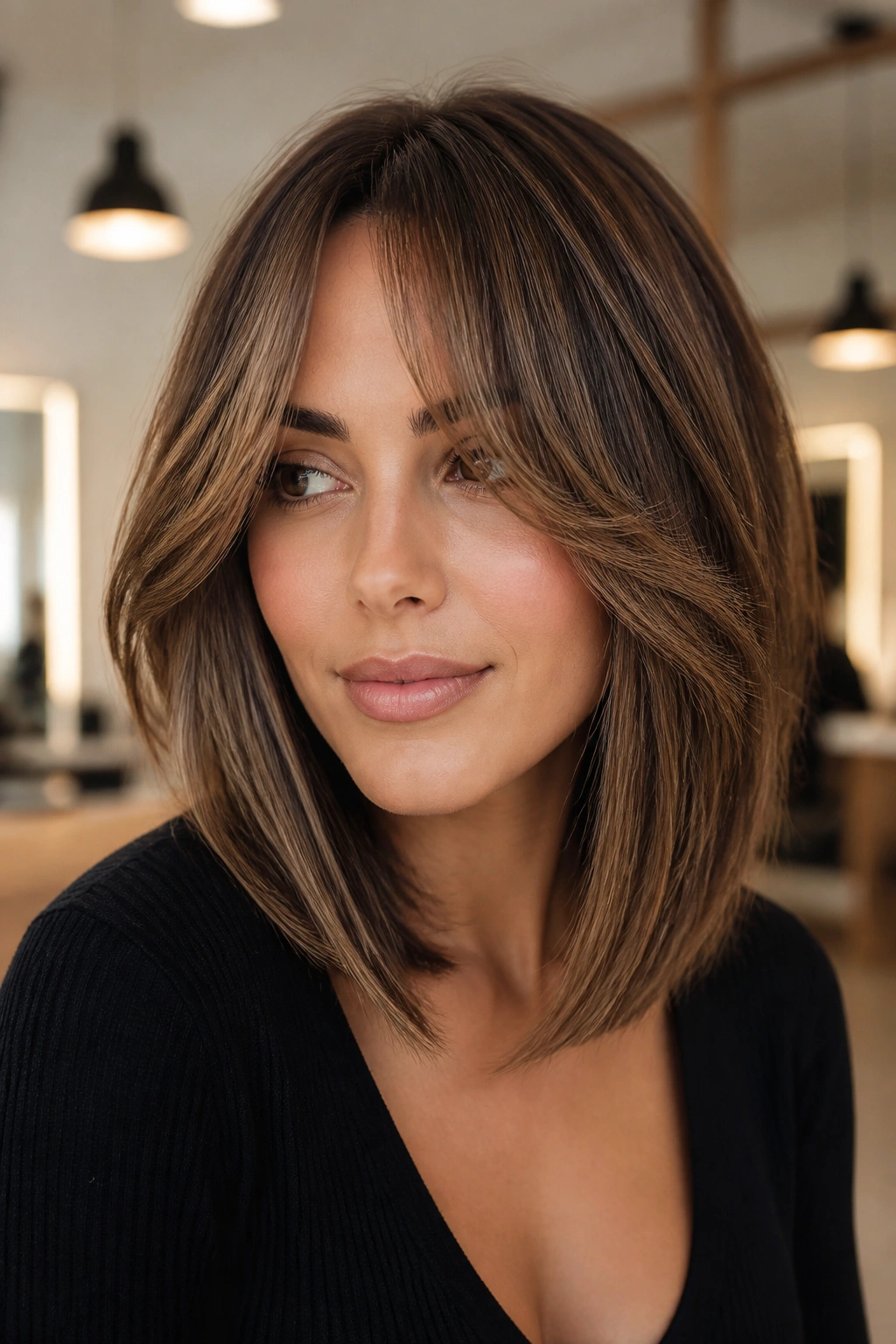 Close-up portrait of a real woman with curtain bangs and long inverted bob