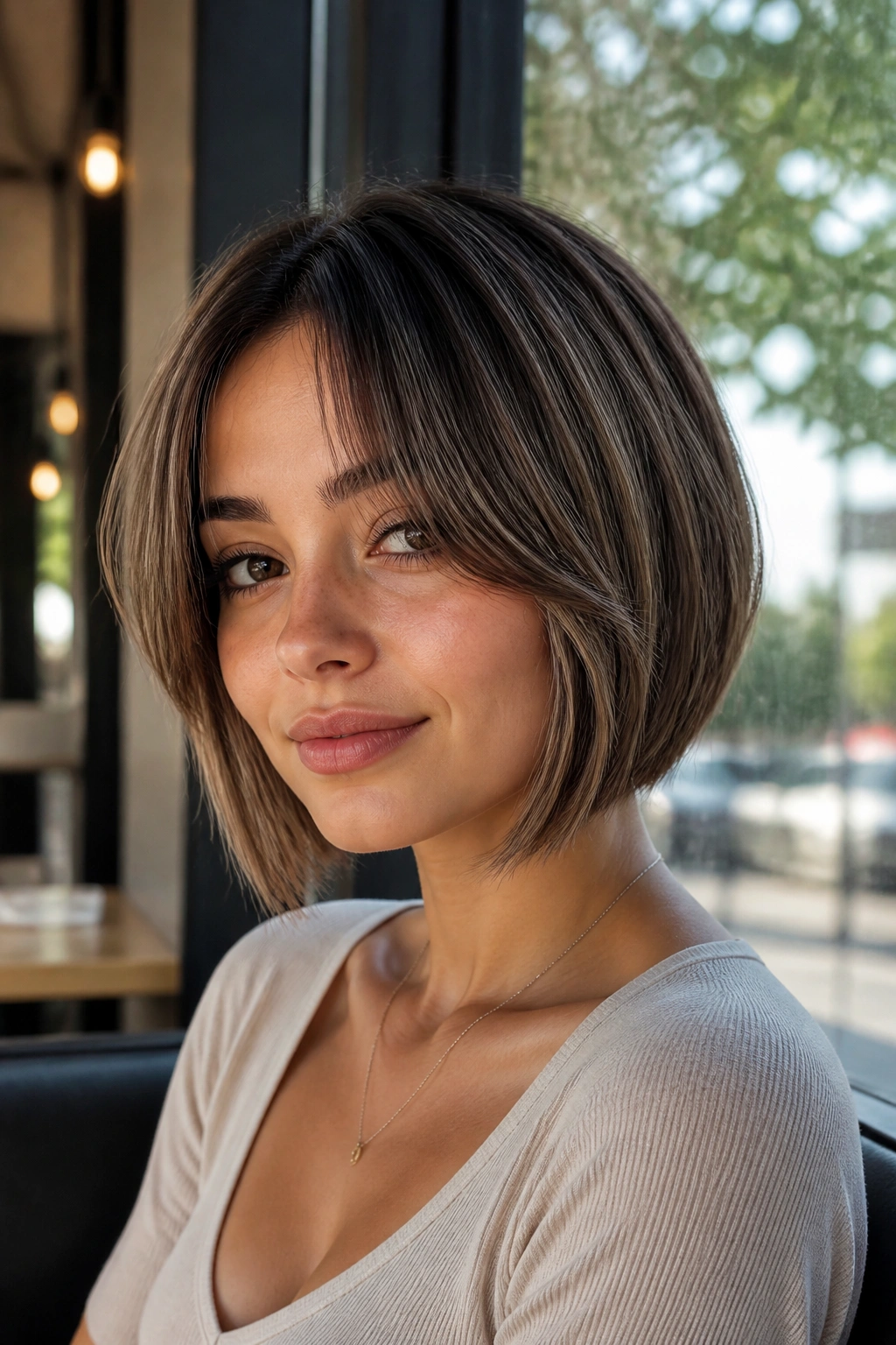 Close-up portrait of a real woman with inverted bob and curtain bangs