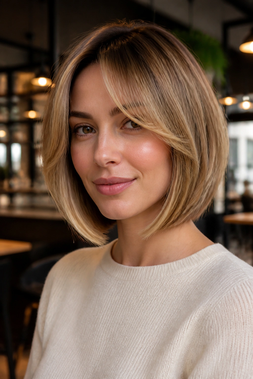Real woman wearing curtain bangs with inverted bob in warm cafe light.