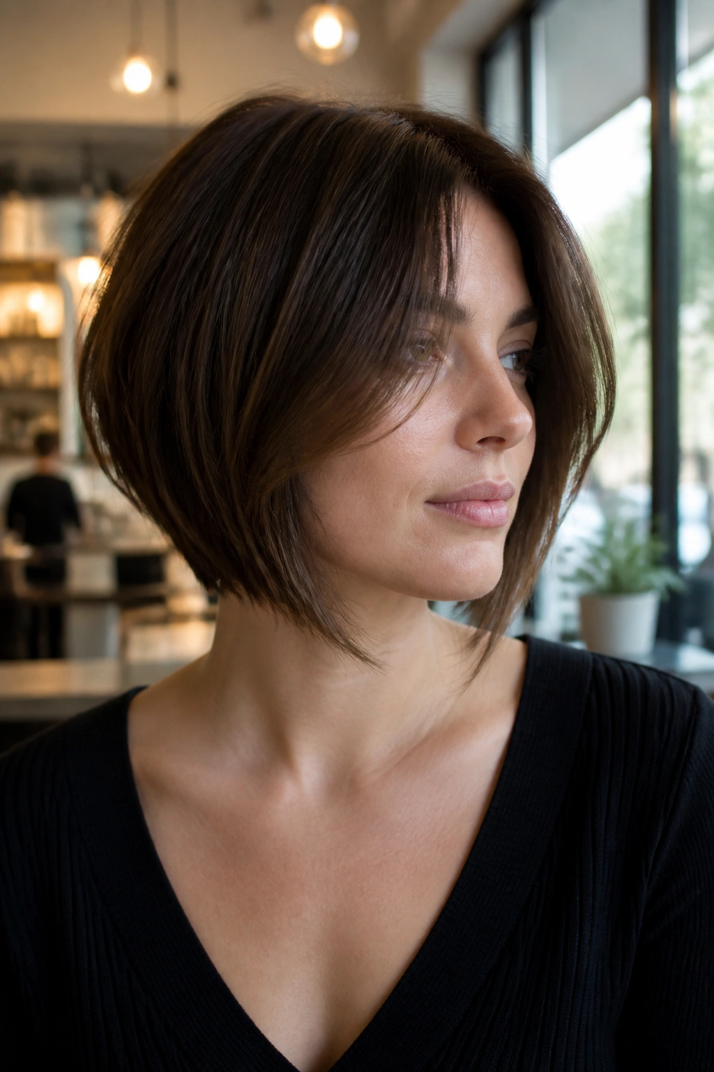 Portrait of a real woman with inverted bob and curtain fringe in soft light