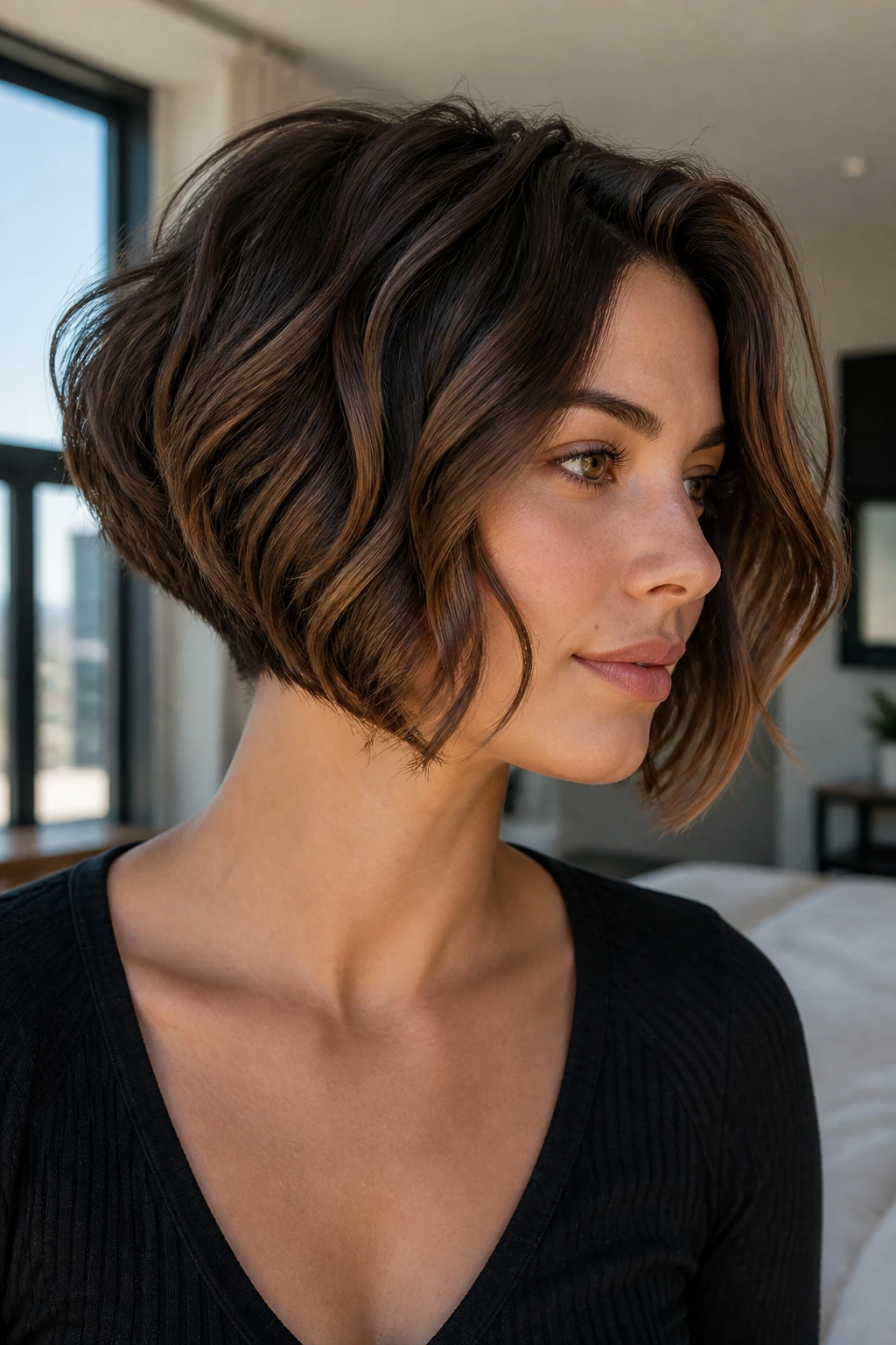 Portrait of a real woman with a curved inverted bob in a warm home setting