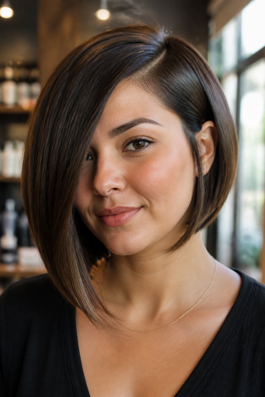 Close-up portrait of a real woman with a sleek long inverted bob and deep side part