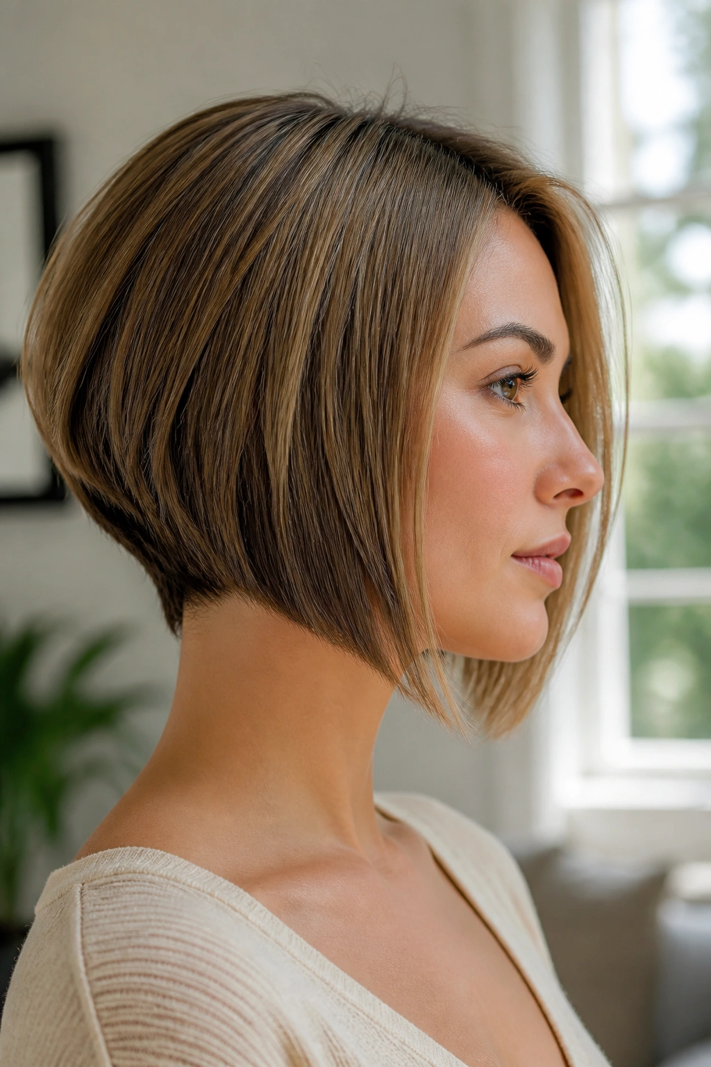 Close-up of a real woman with an inverted bob showing front length and short back.