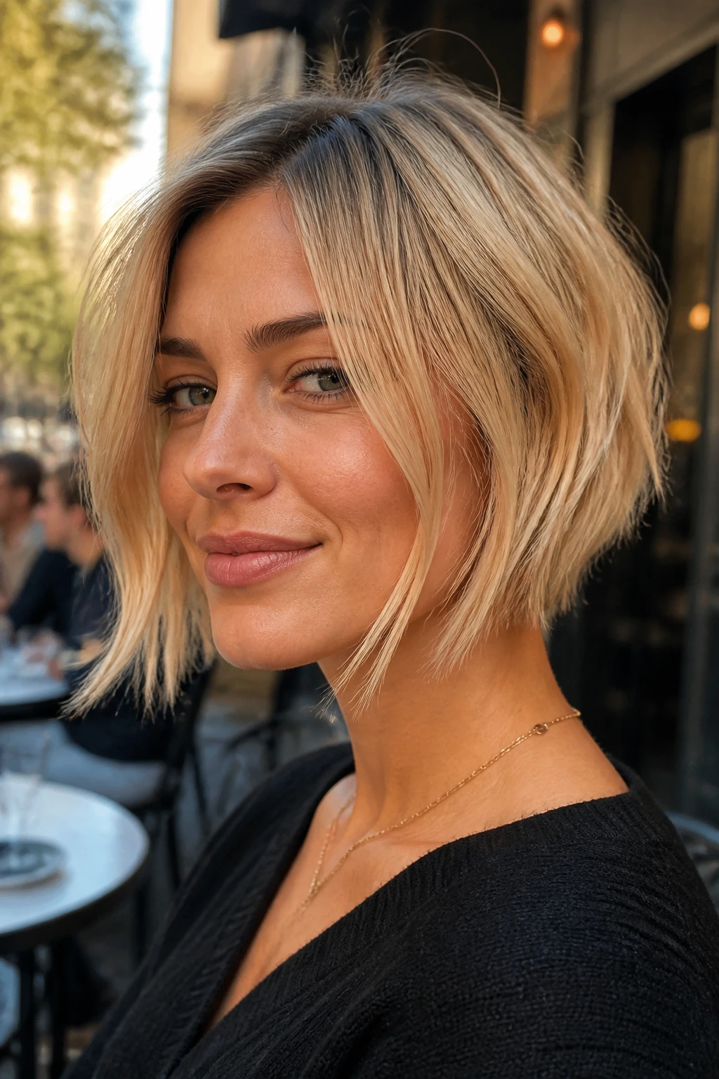 Real woman with inverted bob and soft face-framing pieces in late-day light.