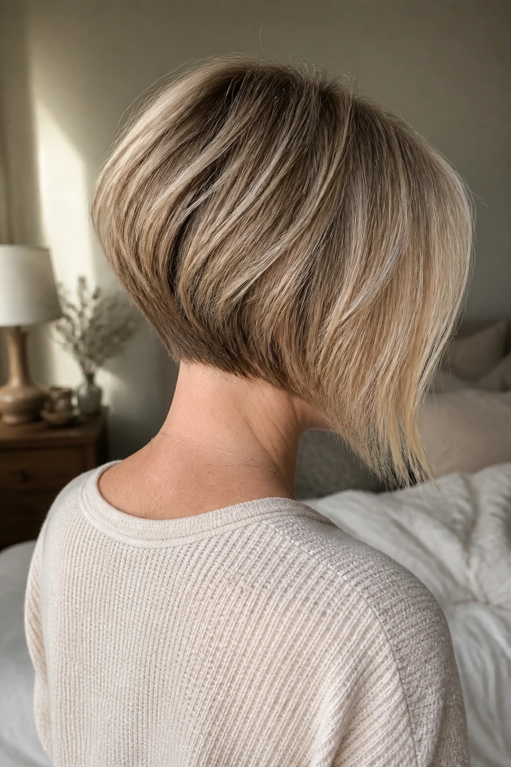 Back-of-head view of a real woman with inverted bob and feather-light back in a cozy bedroom.