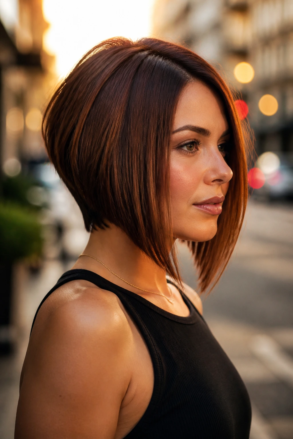 Portrait of a woman with an inverted bob and a forward angle