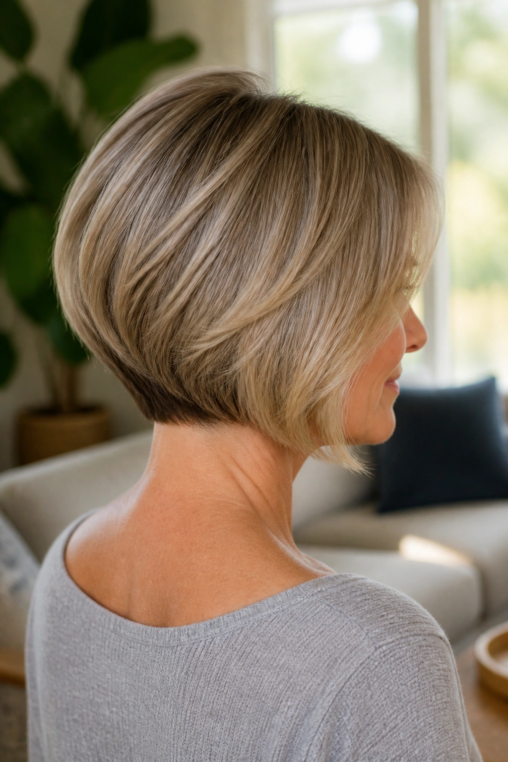 Portrait of real person with inverted bob and gentle stack showing back lift