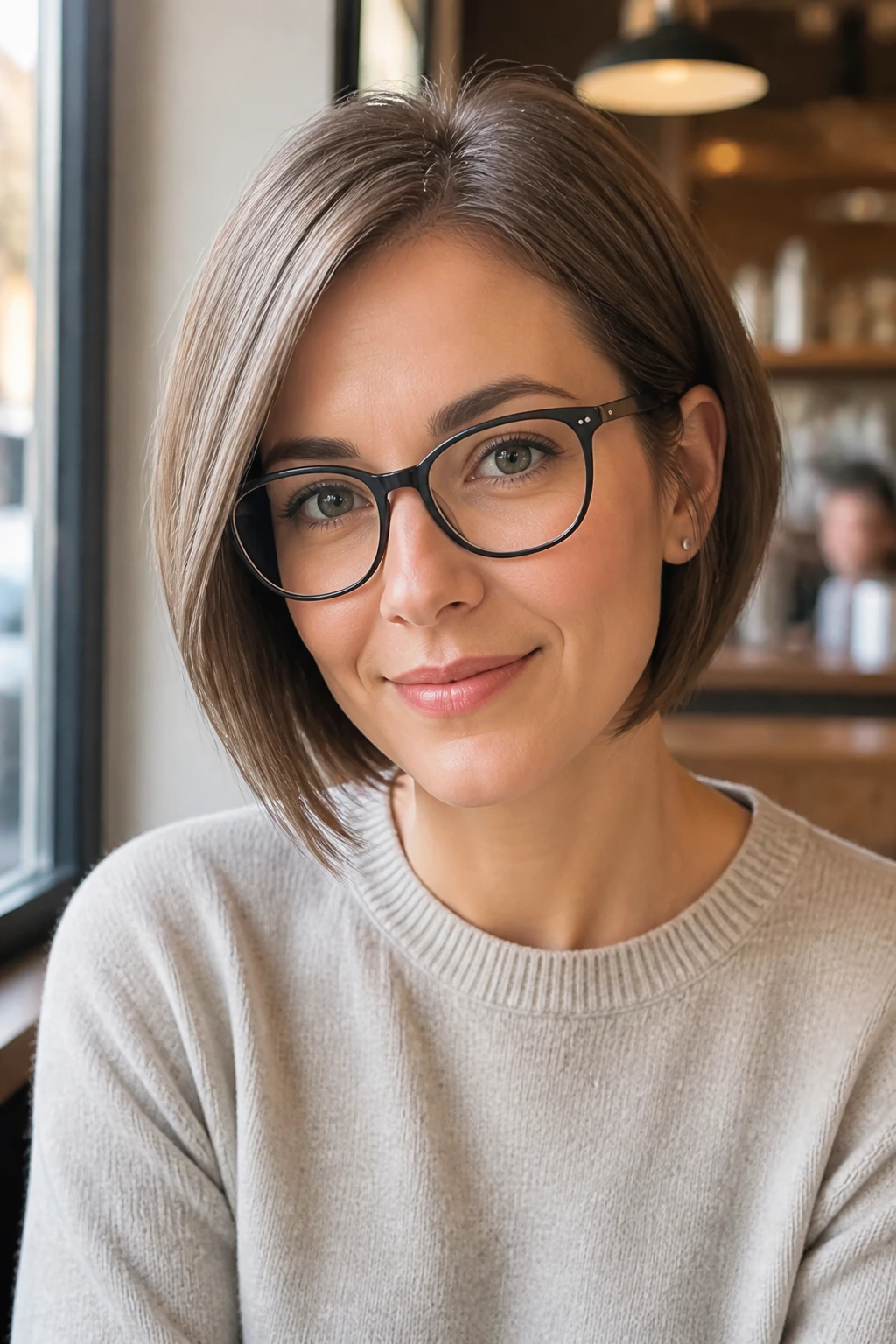 Portrait of a real person with glasses-friendly inverted bob and temple curve.
