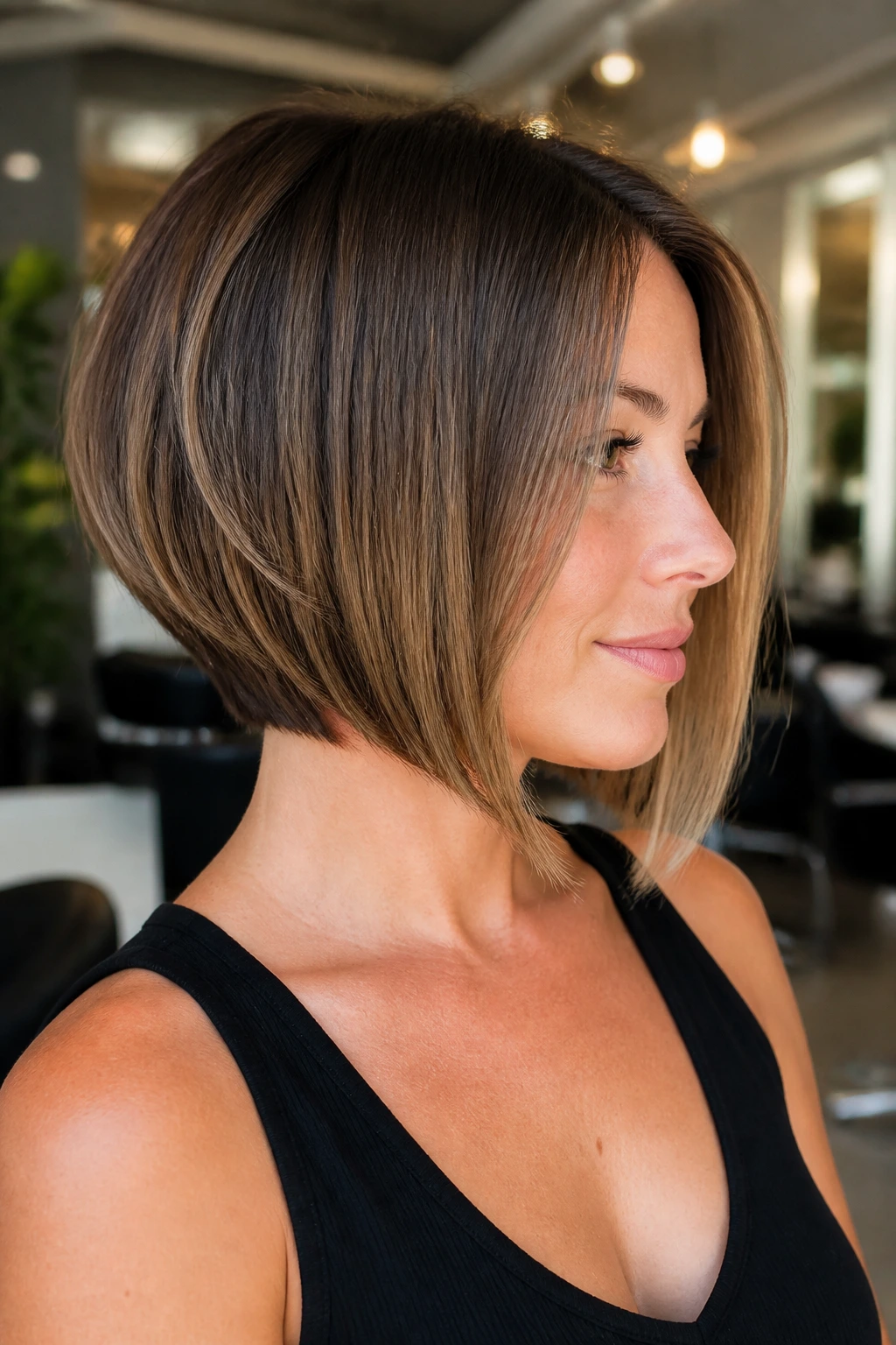 Portrait of a real woman with inverted bob showing light graduation at the back.