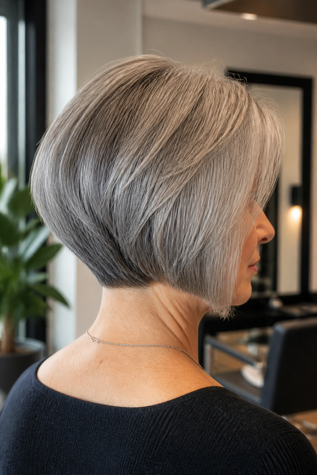 Portrait of a real person with an inverted bob and a clean nape in gray hair.