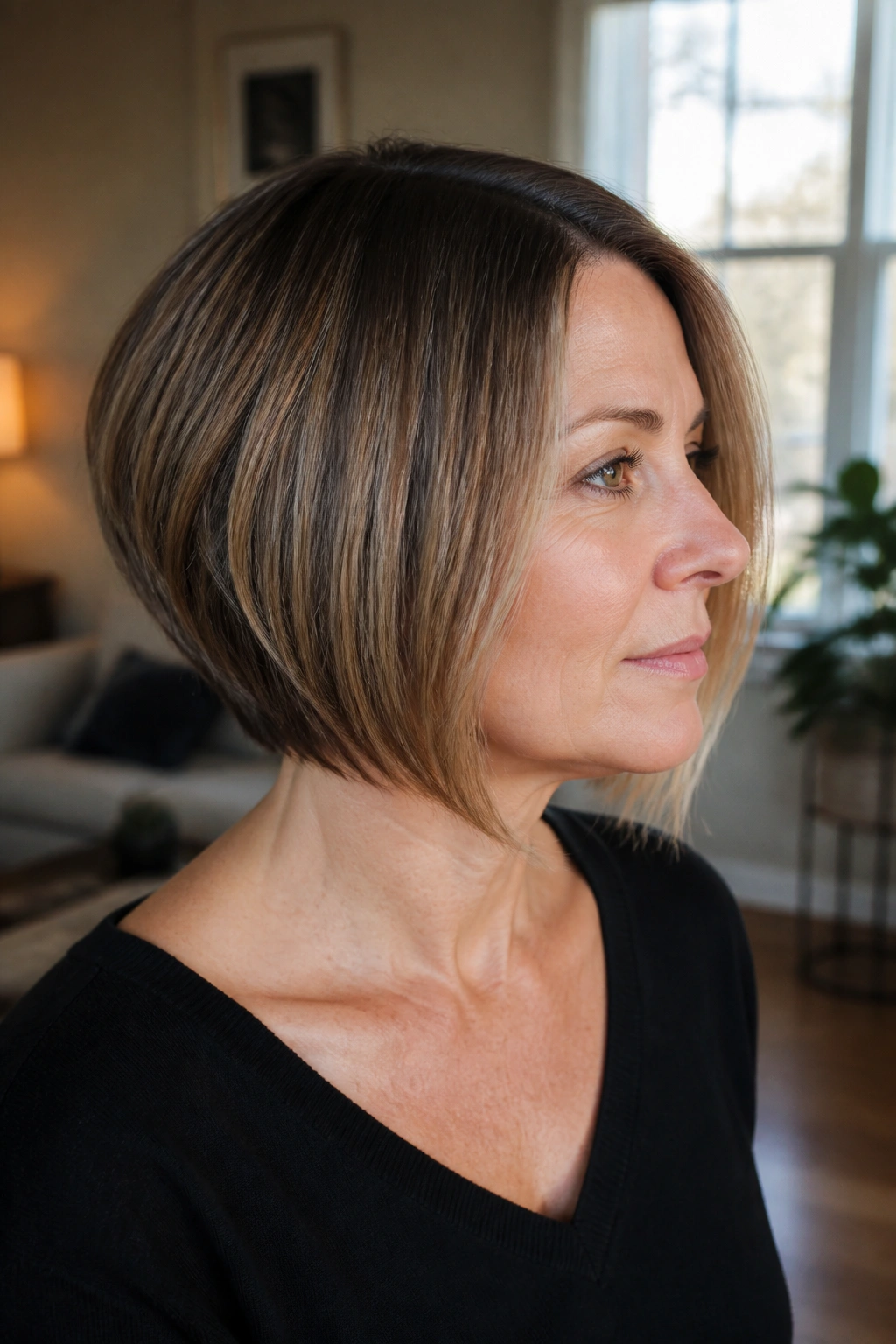 Close-up portrait of a real woman with a grown-out inverted bob, warm natural light