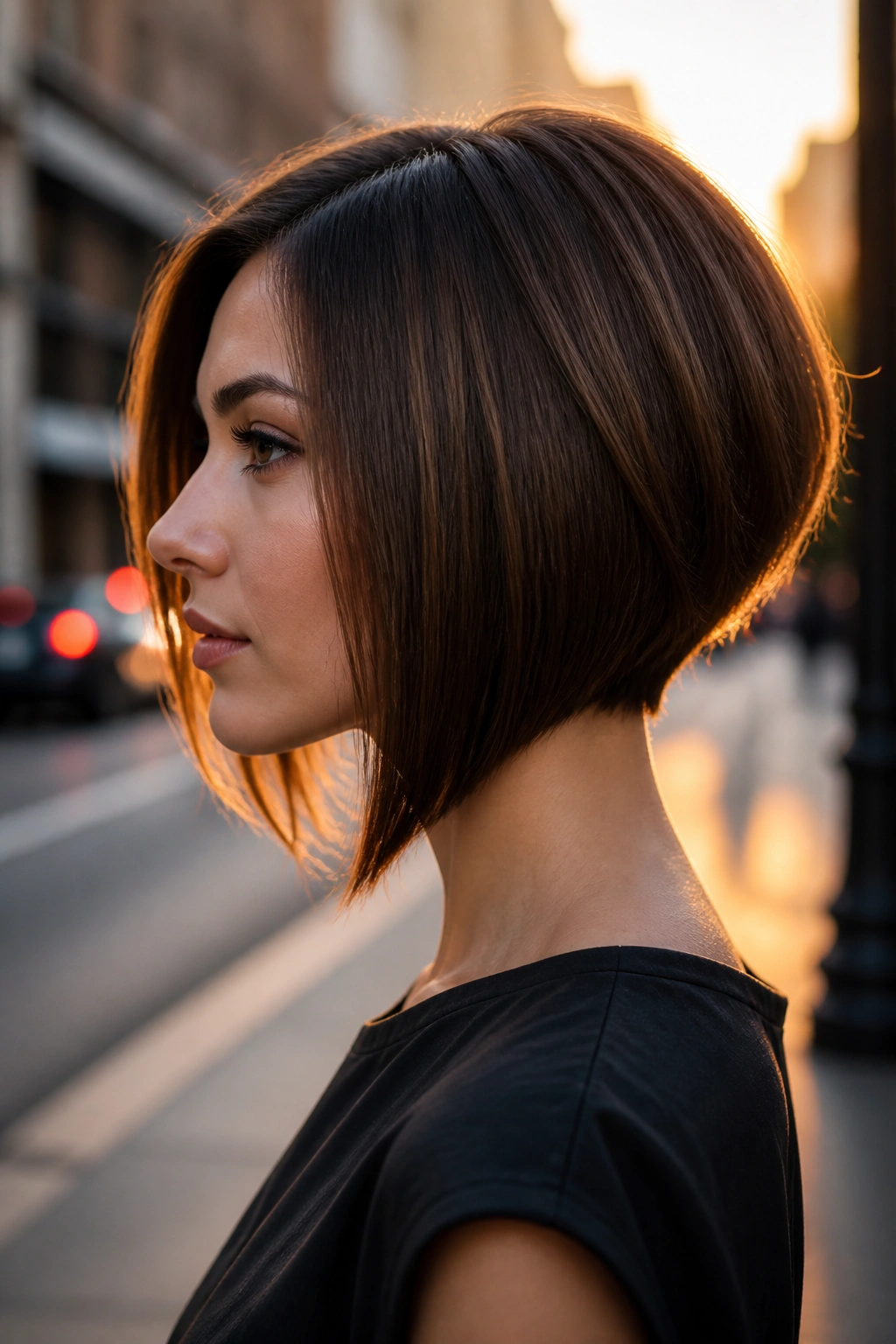 Side-profile of a real girl with inverted bob on a golden-hour street