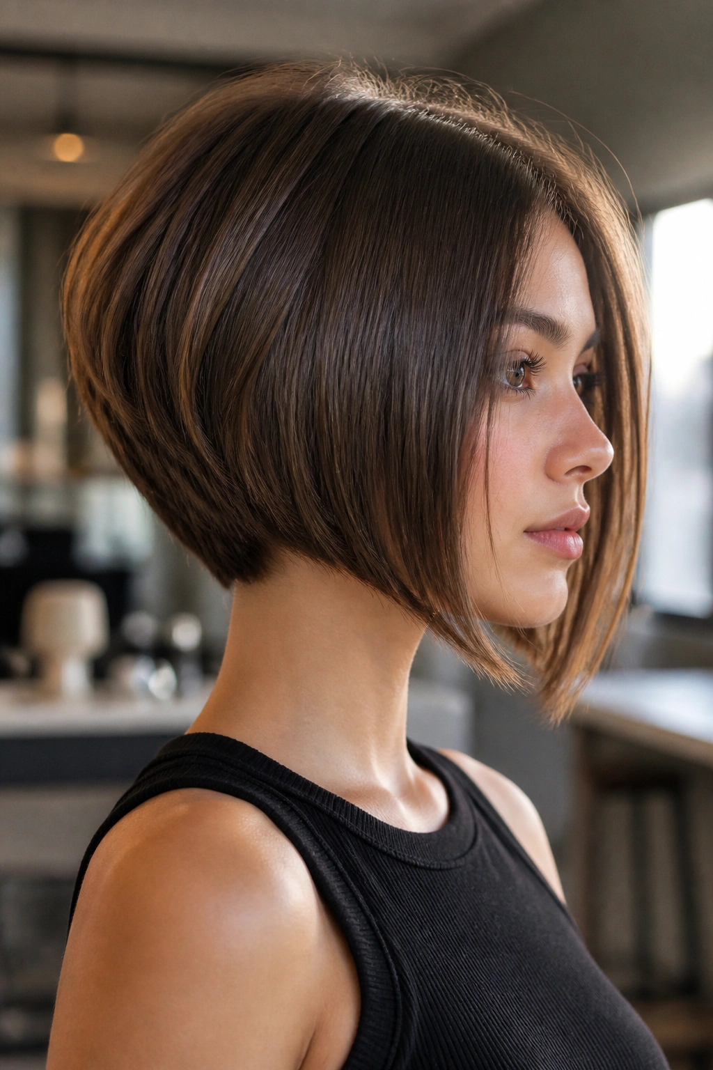 Portrait of a girl with an inverted bob showing a sharp back-to-front angle