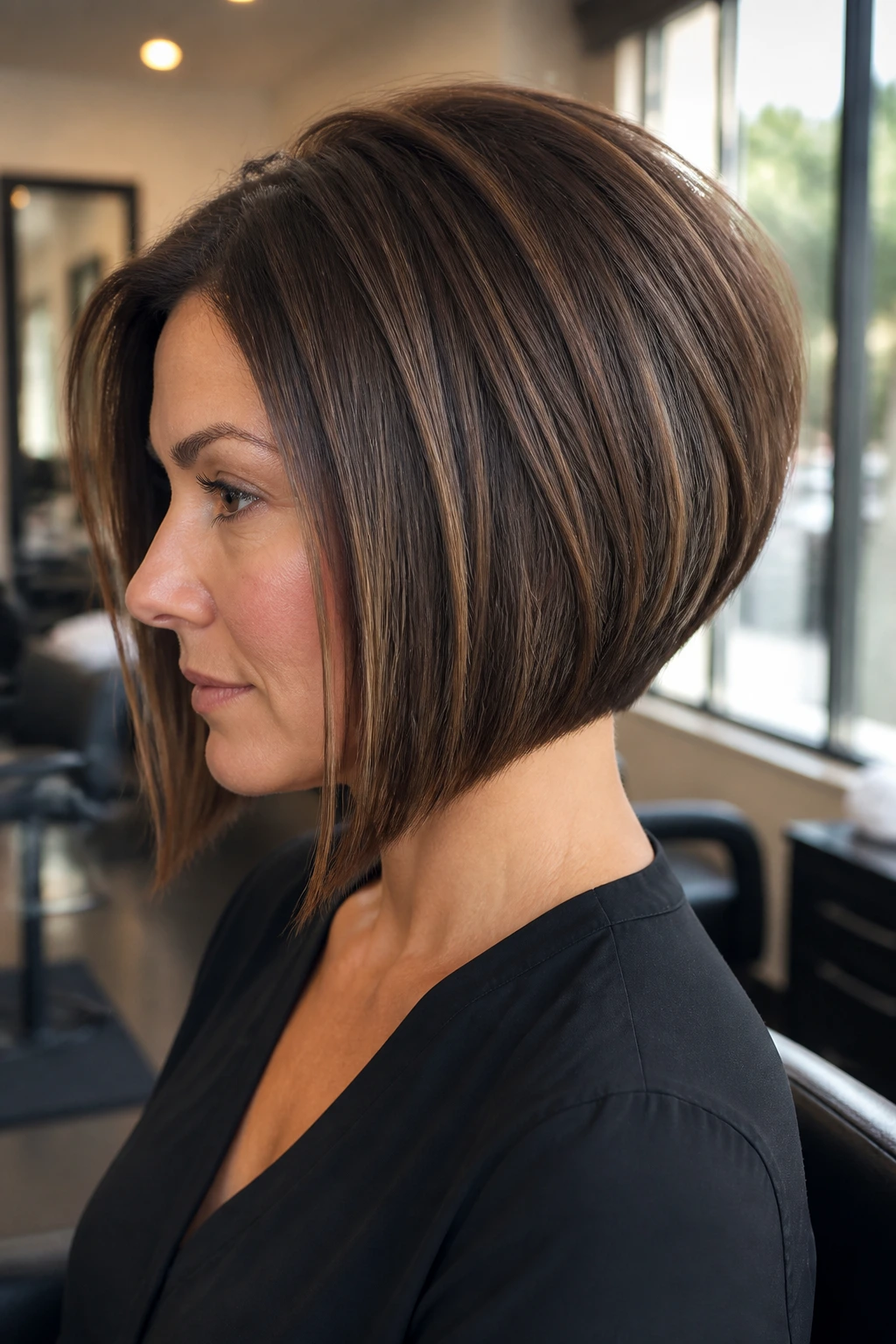 Close-up of a real woman with an inverted bob hairstyle, back stacked and front at chin level.