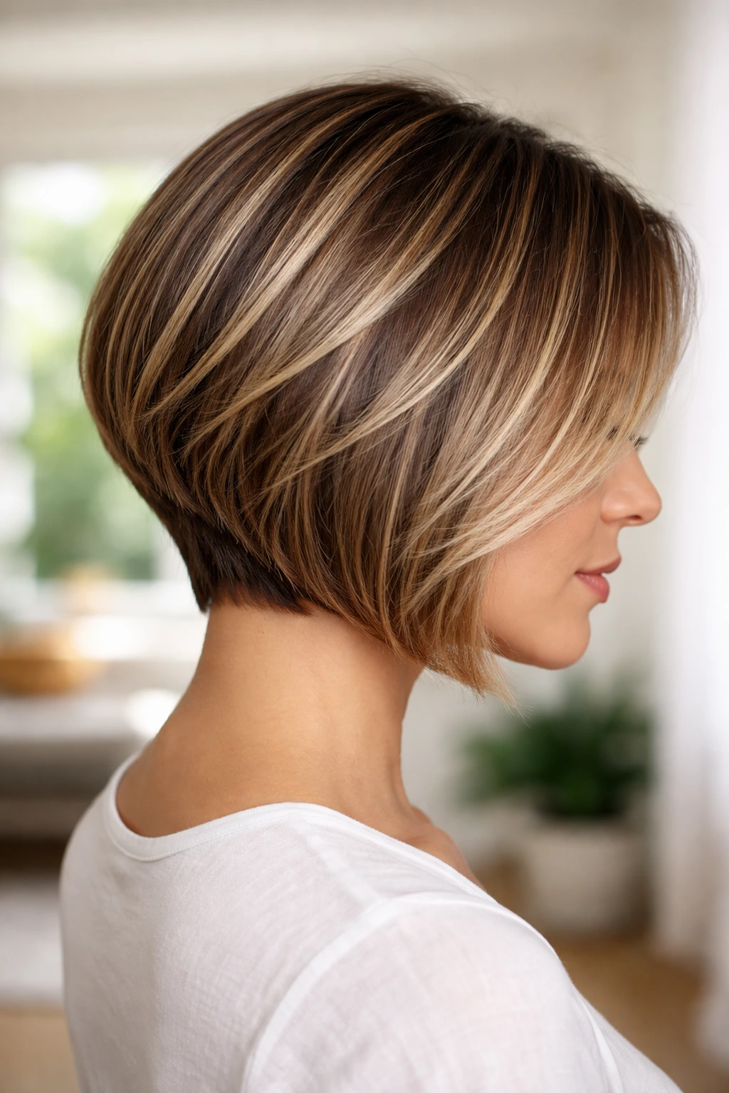 Close-up of a real woman with inverted bob and highlights