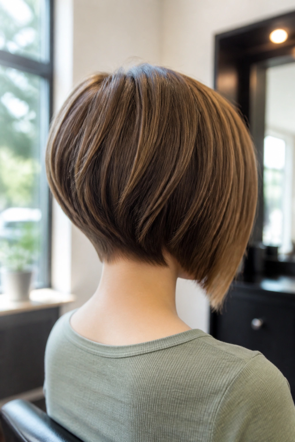 Back-of-head portrait showing inverted bob with lift in the back on a real person