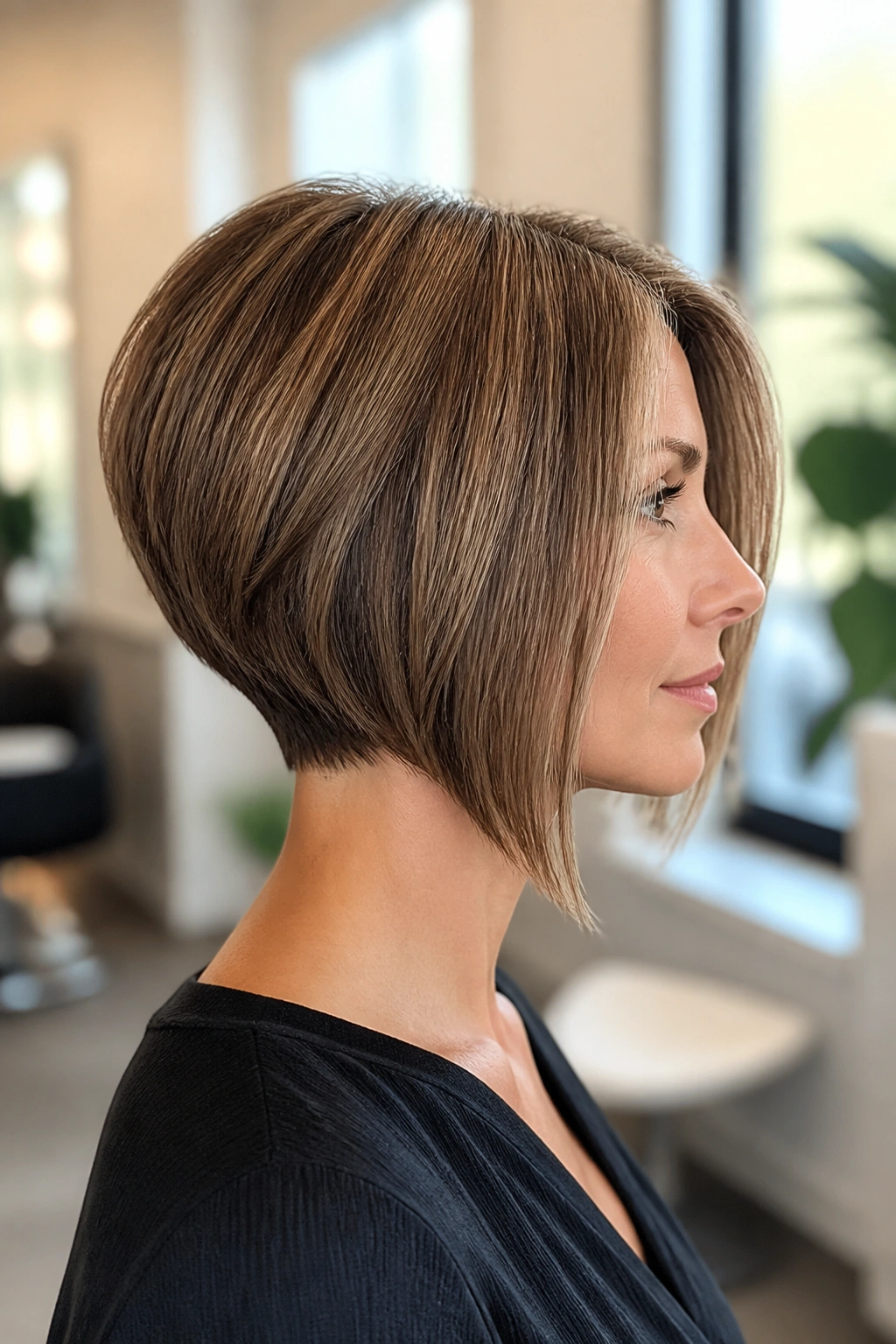 Portrait of a real woman with an inverted bob showing back lift