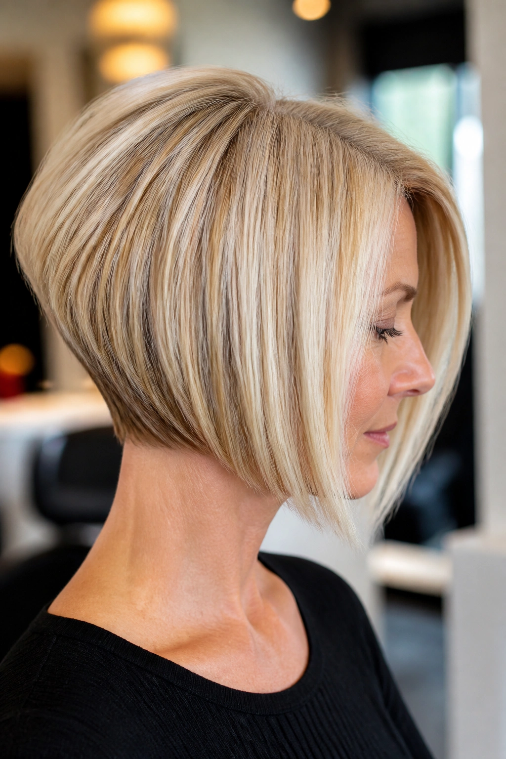 Three-quarter profile of a real woman with an inverted blonde bob and lifted back