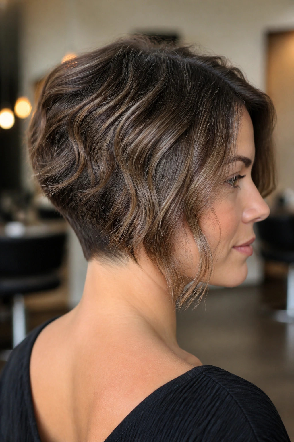 Close-up of a real woman with an inverted bob showing a lifted nape and longer front pieces