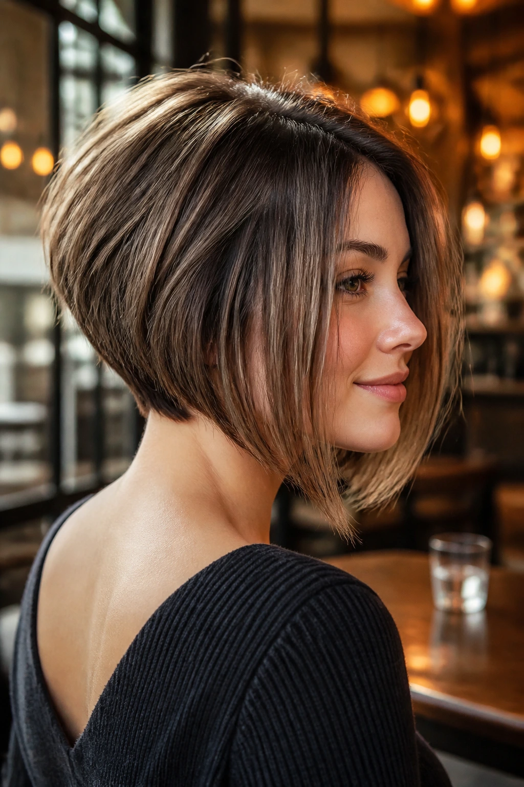 Real woman with inverted bob with lifted back in a warm cafe setting.