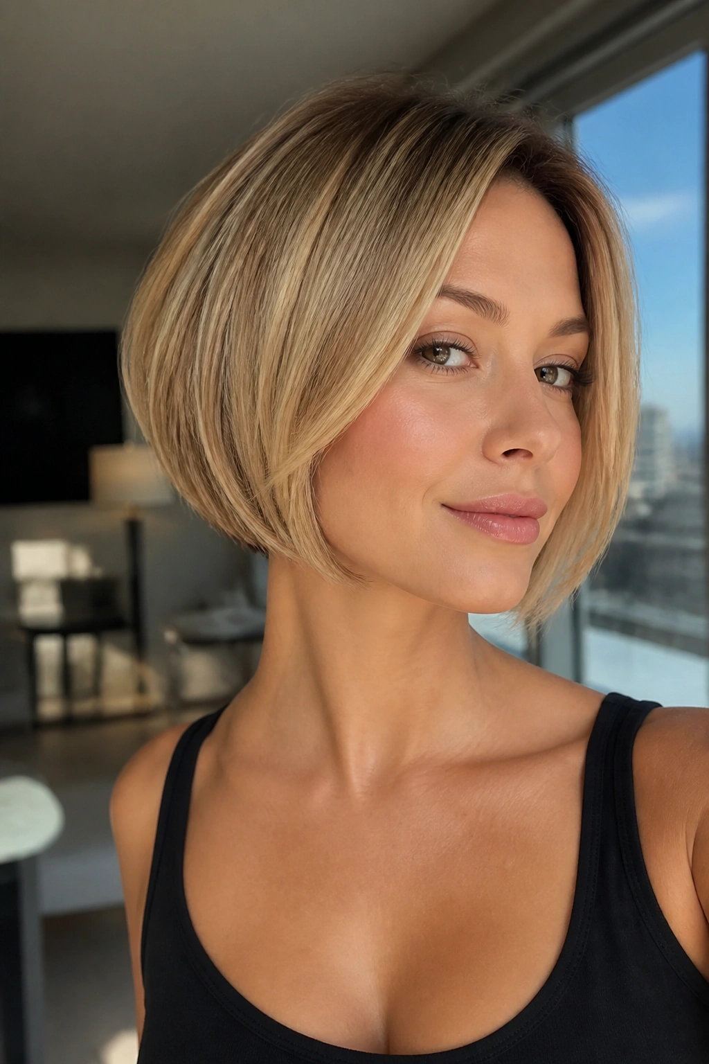 Real woman with inverted bob and lifted nape in honey blonde