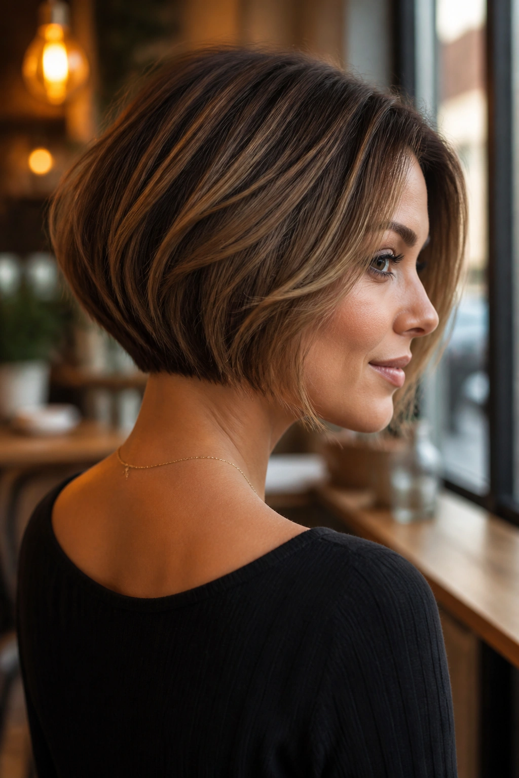 Close up of a real woman with an inverted bob and lifted nape