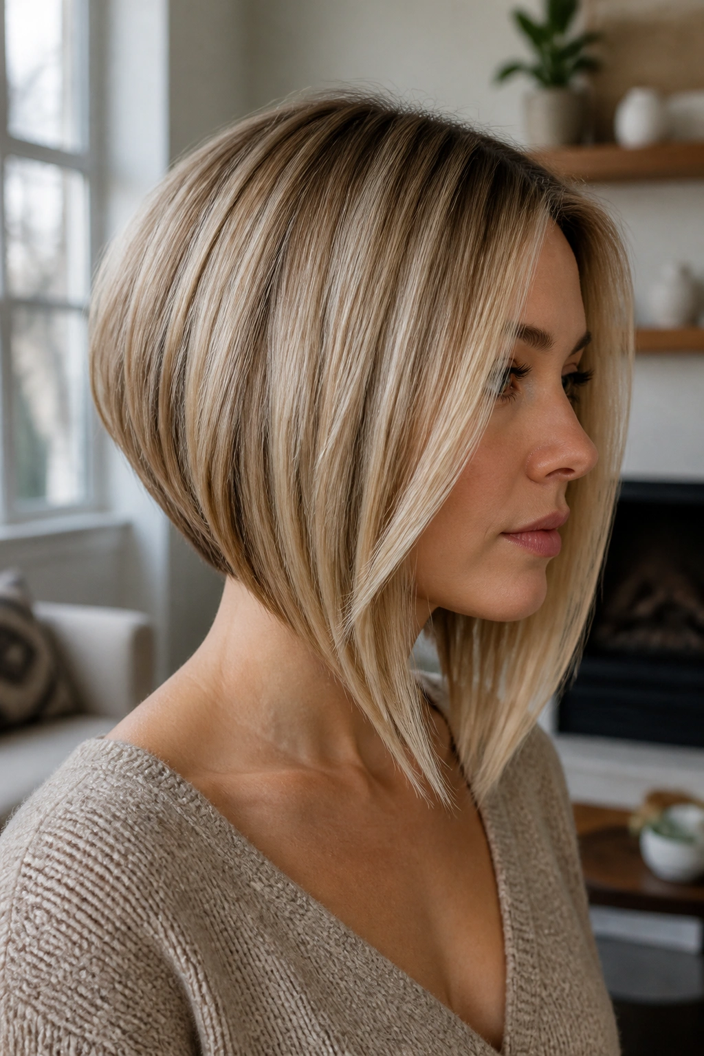 Close-up portrait of a real woman with an inverted bob featuring long front pieces past the chin, in natural light