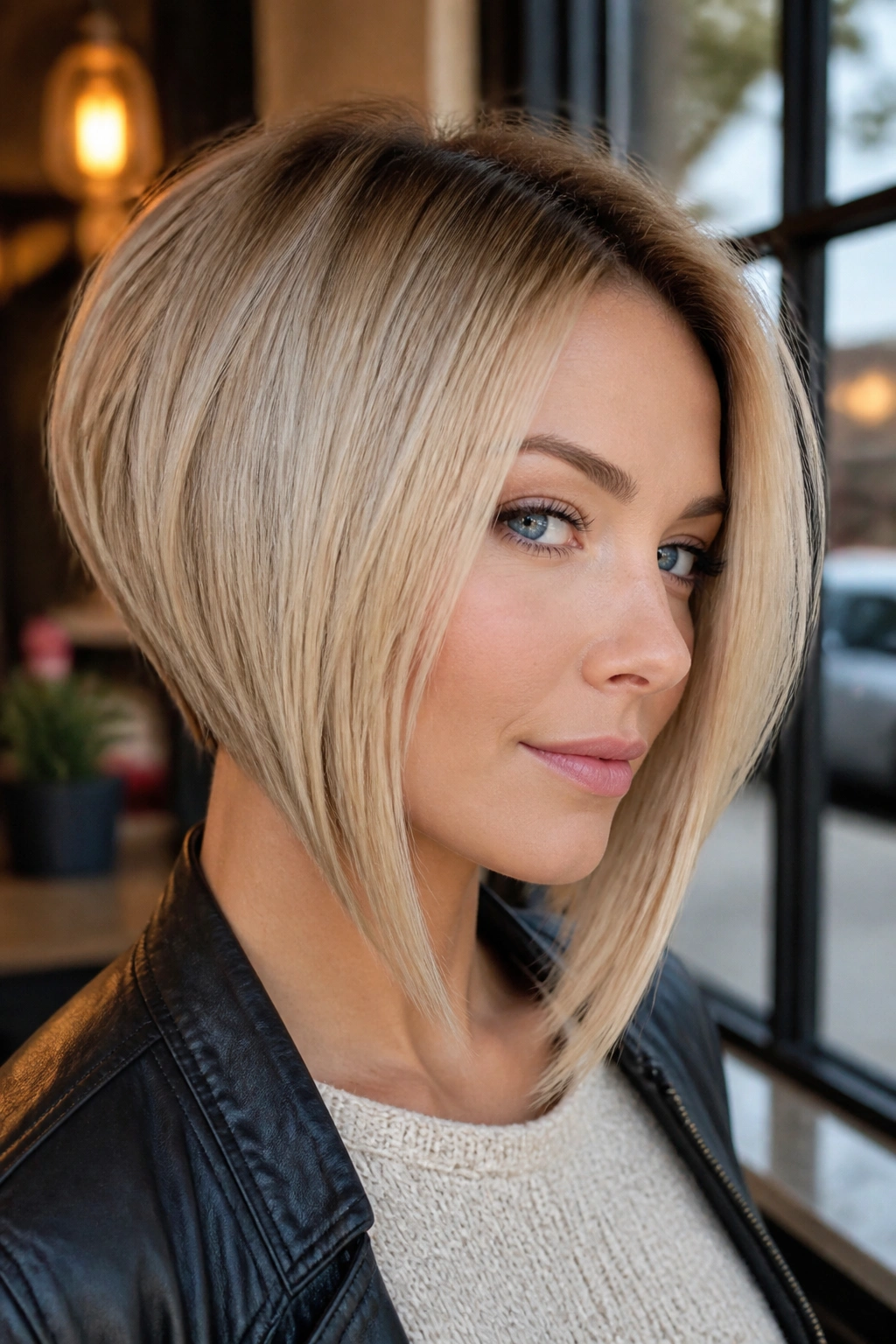 Close-up of real woman with inverted bob featuring longer front corners.