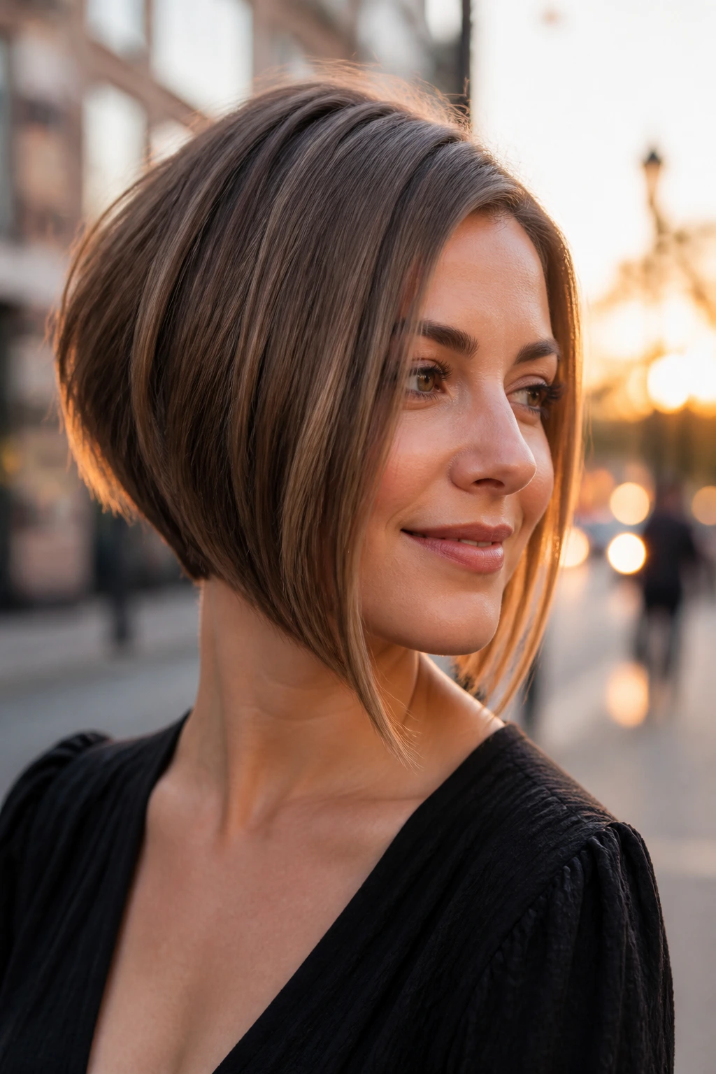 Close-up portrait of a real woman with an inverted bob and longer front