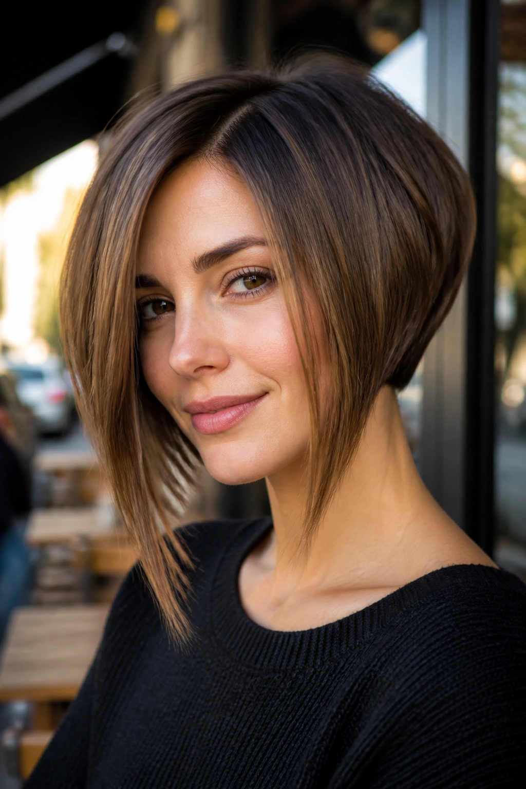 Portrait of woman with inverted bob and long front pieces