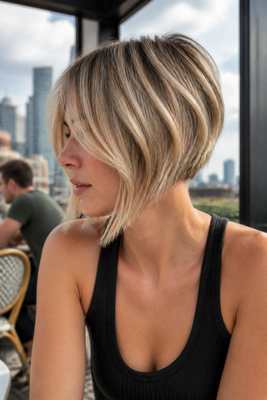 Close-up of a woman with an inverted bob showing loose texture against city backdrop