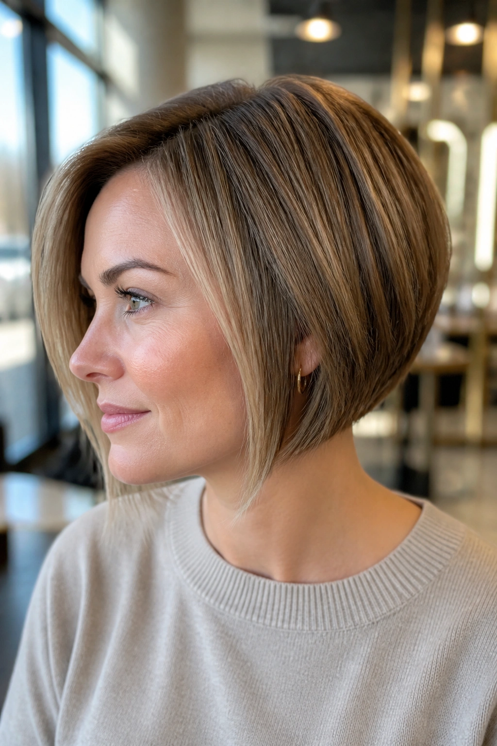 Close-up of a real woman with a low-maintenance inverted bob that grows out nicely