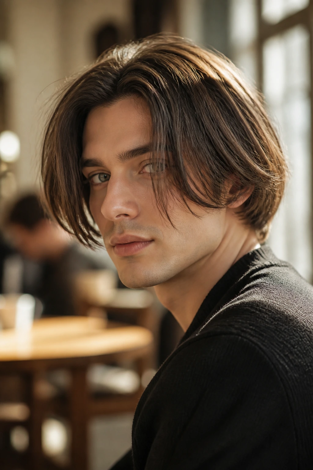 Close-up portrait of a man with a square jaw wearing a soft inverted bob in a sunlit cafe.