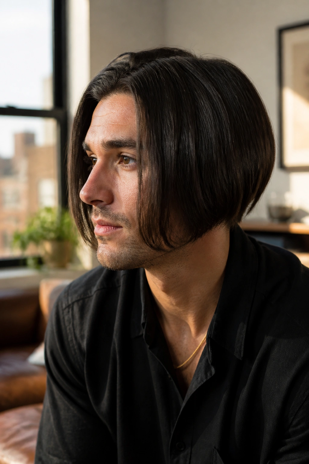 Close-up portrait of a man with classic inverted bob showing tapered nape and jaw-length front.